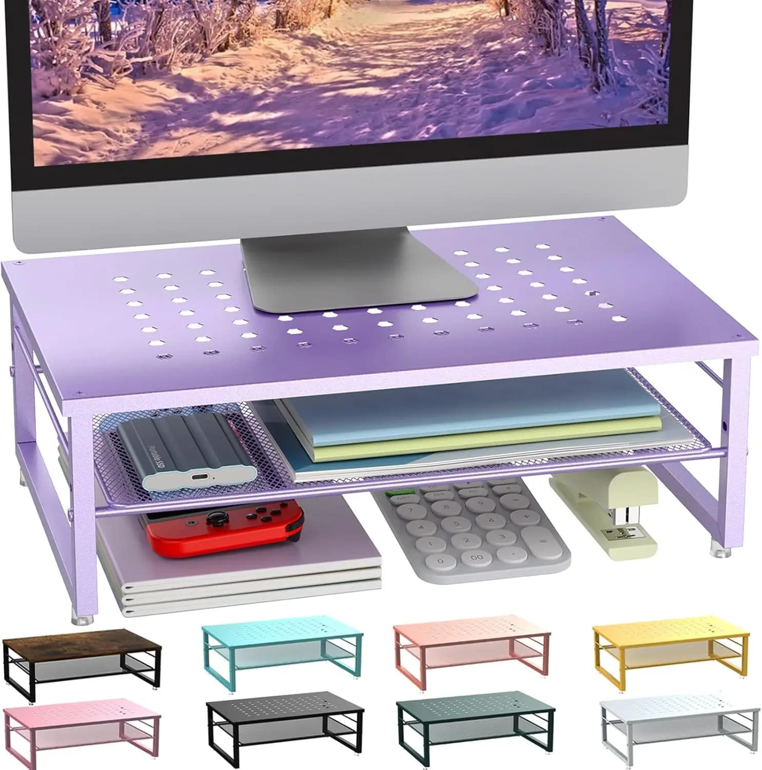 Supporto per Monitor a 2 Livelli in Metallo, Organizzatore da Scrivania per Computer, Laptop, Stampante (Viola)