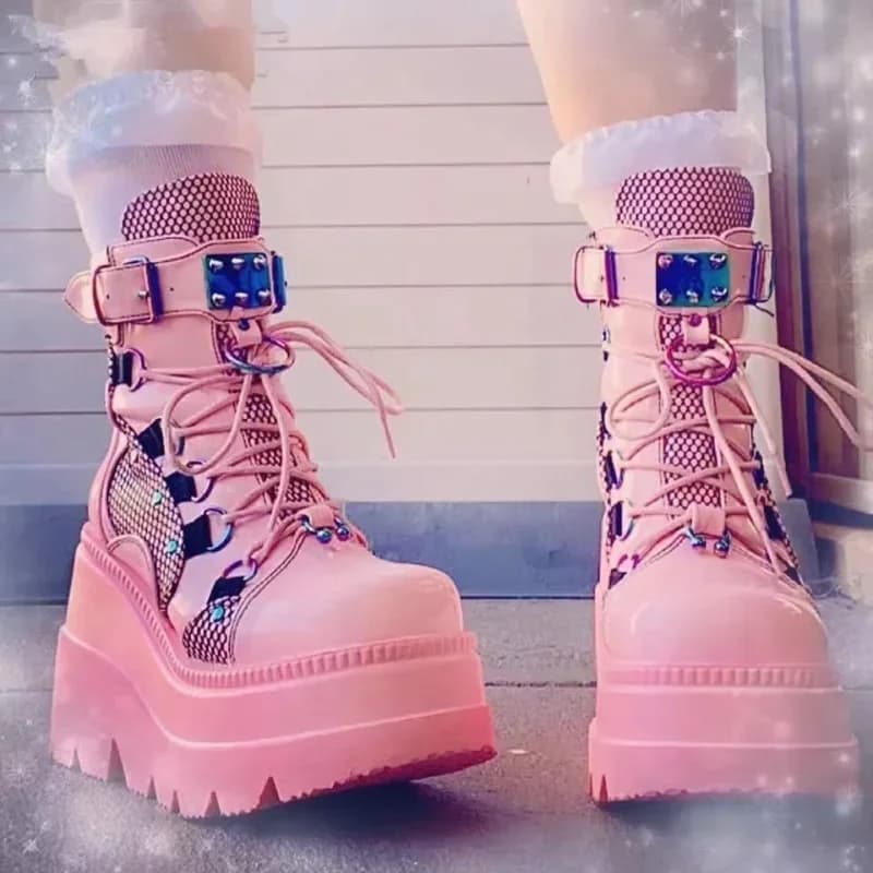Pink Punk Women Boots Zipper Platform Ladies Boots Chunky High Heel Ankle Boot Ladies Cool Wedge Woman Female Shoes for Women