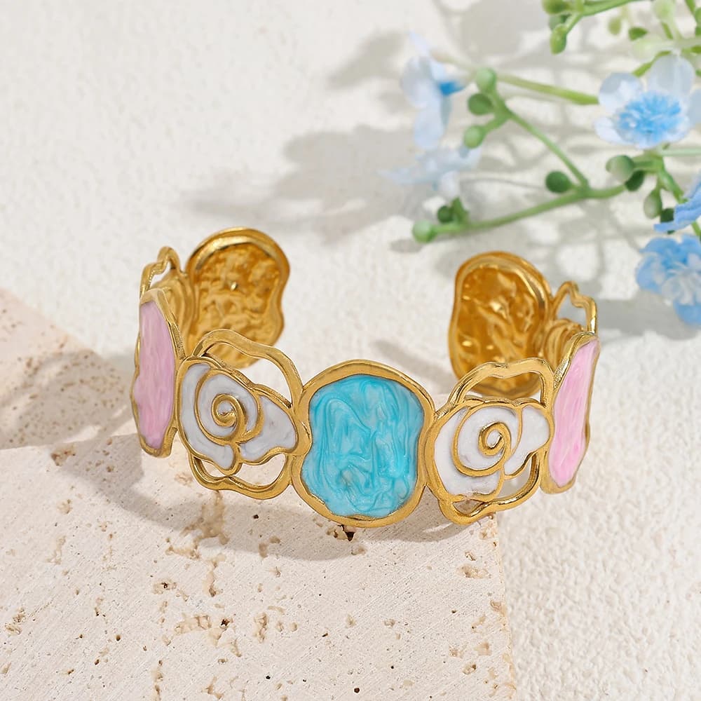 Bracciale Aperto in Acciaio Inossidabile Oro Rosa Pastello - Design a Spirale Smaltato, Bracciale Leggero ed Elegante per Uso Quotidiano e Festivo da Donna