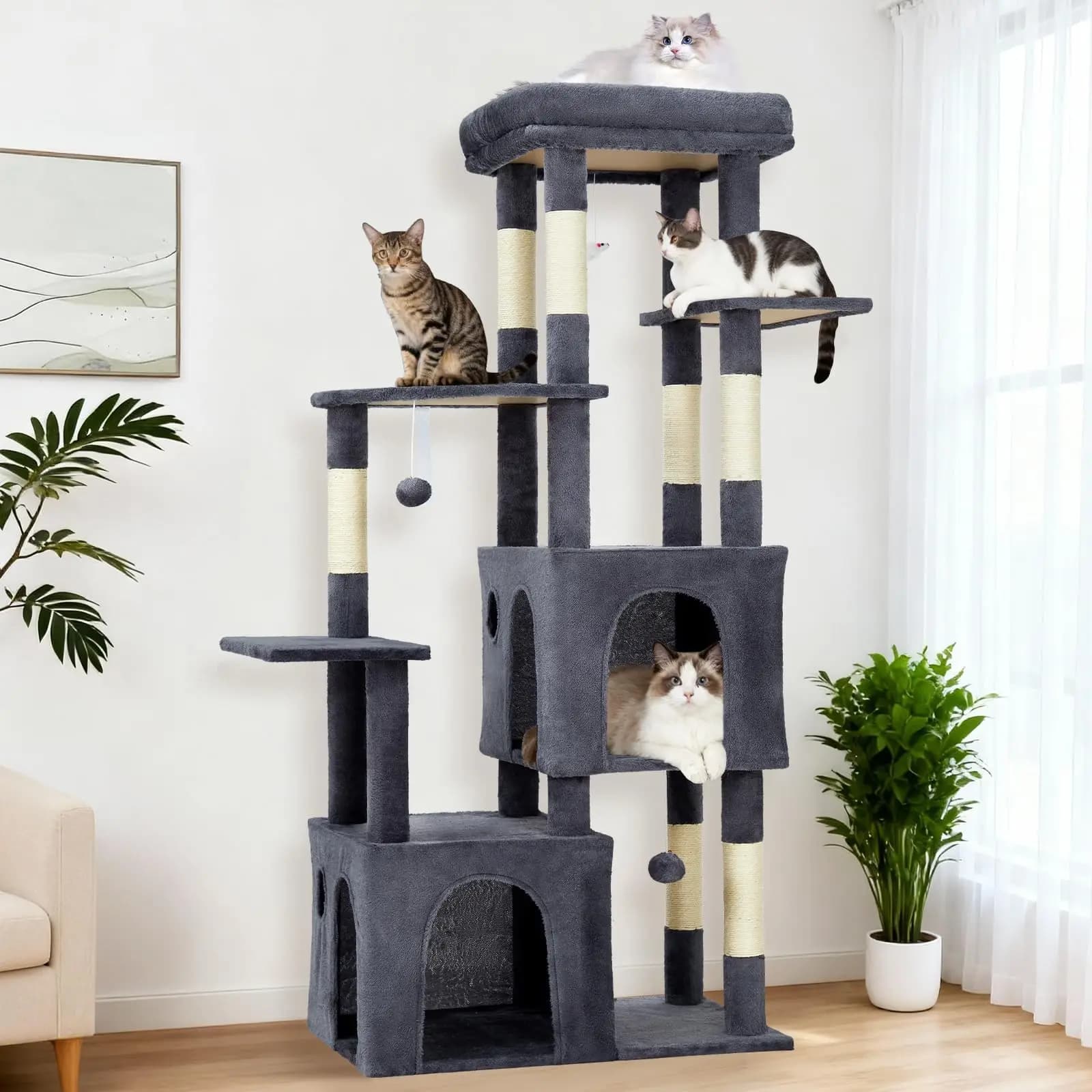 Albero per gatti multi-livello da 61 pollici per gatti di taglia grande, con posatoio extra large e due cucce, pali in sisal naturale per Maine Coon