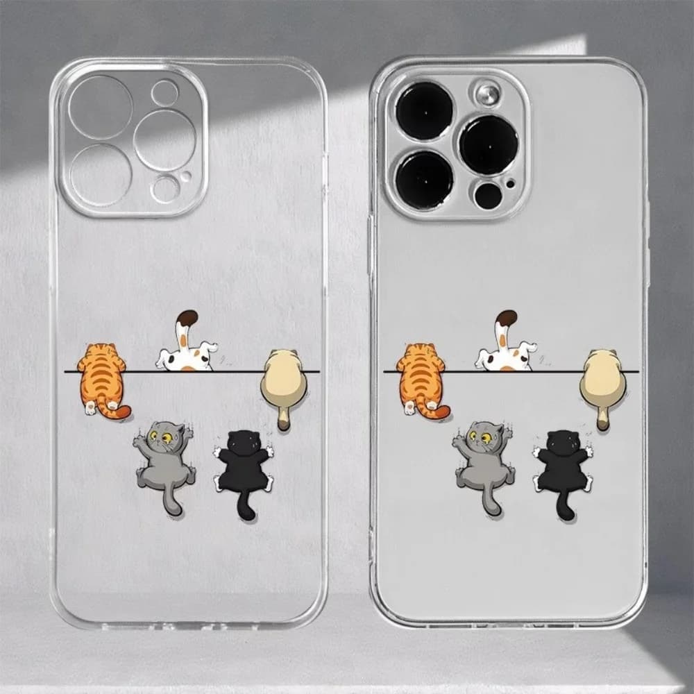 Custodia per telefono con motivo cinque gatti carini per iPhone 11 12 13 14 15 16 17 Pro Xs Max Mini 8 7 Plus 16e 17e Air, cover trasparente in TPU antiscivolo