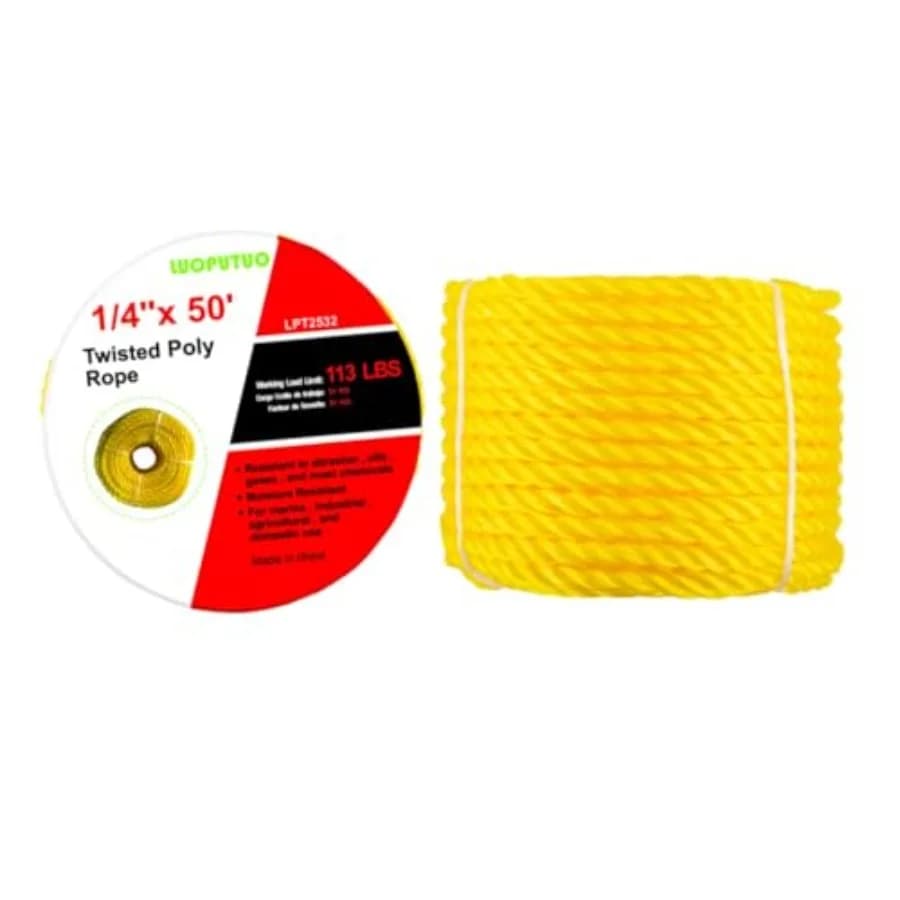 1/4 Inch × 50 FT Yellow Twisted Polypropylene Rope Resists Oil and Moisture, Anti-Slip, Easy to Knot, Flexible, Floats, Stretch