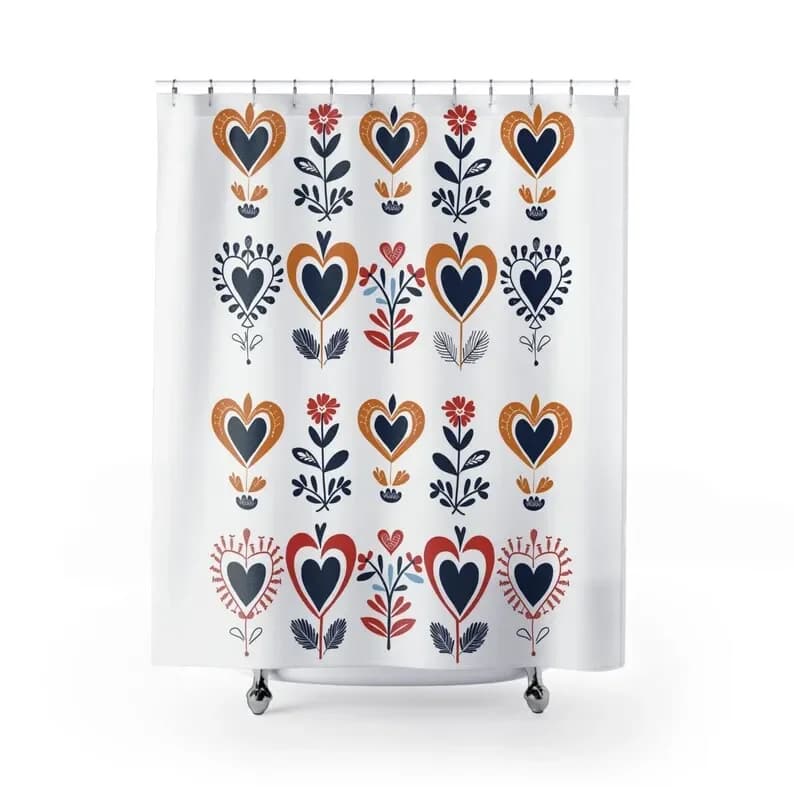 Tenda da doccia con cuore floreale scandinavo - Arte popolare nordica, design a cuore blu danese, arredamento per il bagno, regalo perfetto per lei