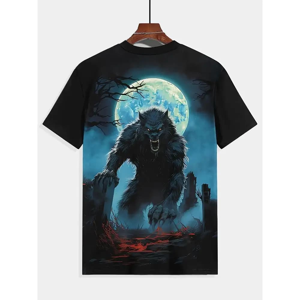 T-shirt girocollo a maniche corte con motivo lupo mannaro lunare, camicia a maniche corte casual da esterno estiva da uomo, adatta per Pasqua