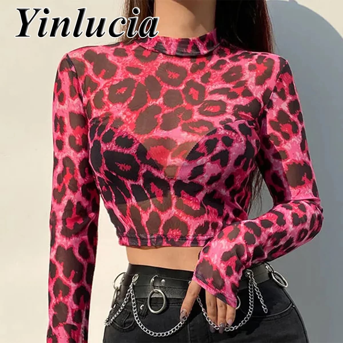 Sexy rosa leopardo elastico sottile Tee ombelico top camicette da donna prospettiva camicia a rete camicetta morbida hot Babes pullover Y2K Natale