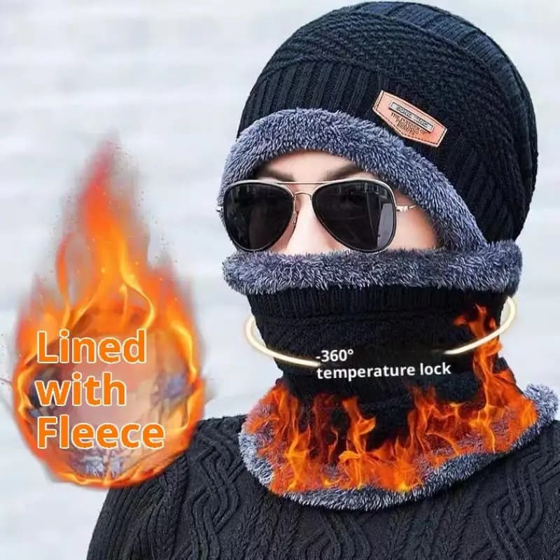 1Set Winter Warm Hat Scarf Set For Men Women Outdoor Thickened Cycling Hats Scarf Fashion Windproof Cold-proof Scarf Cap