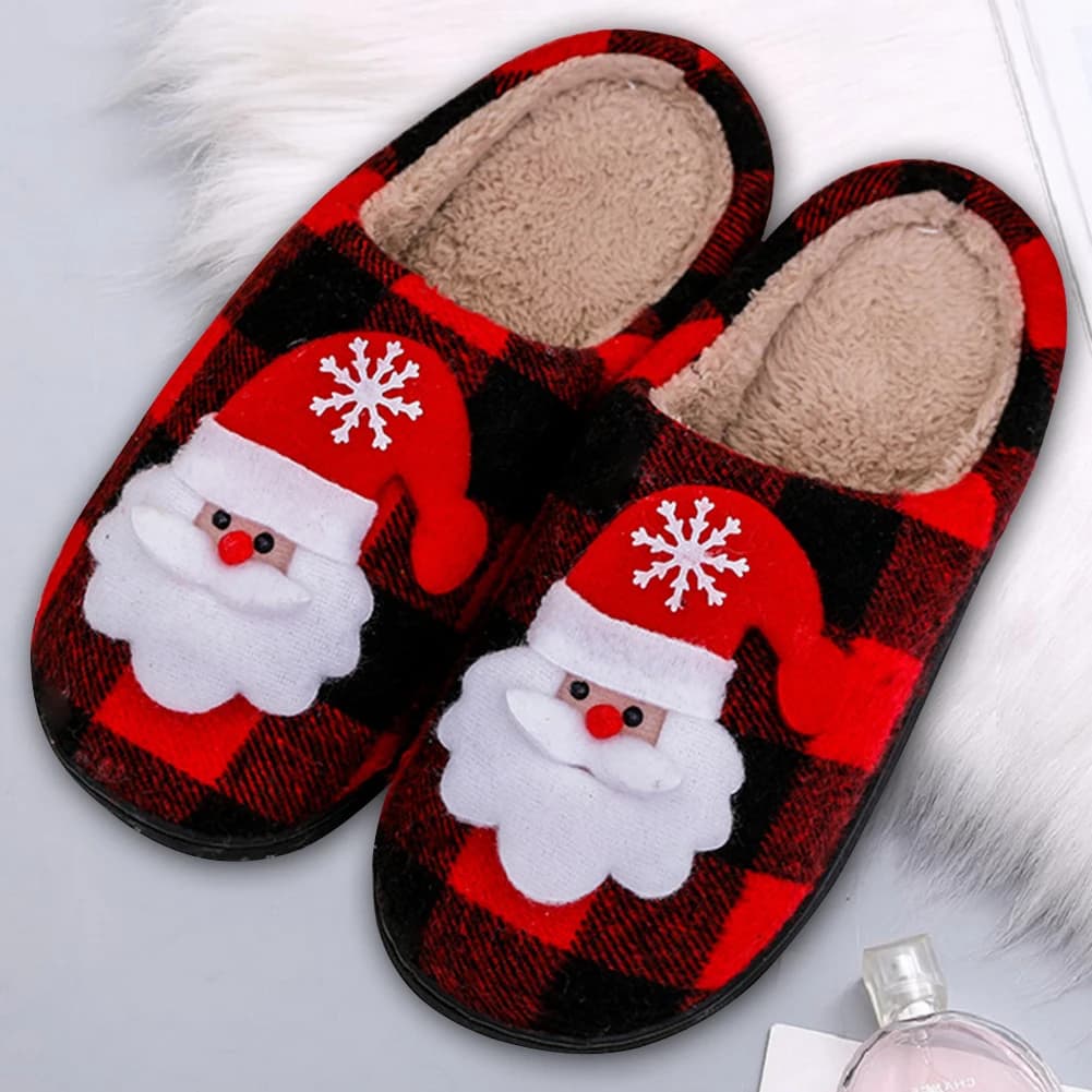 Pantofole da interno natalizie fuzzy Accoglienti pantofole di pelliccia soffice di Babbo Natale Pantofole antiscivolo in peluche con punta chiusa Plaid per interni invernali