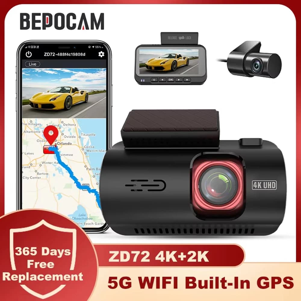 BEPOCAM ZD72 4K Dash Cam GPS integrated 5G WiFi DVR camera for cars with rear camera for vehicles 4K + 2K Automatic double channel recorder 170FOV