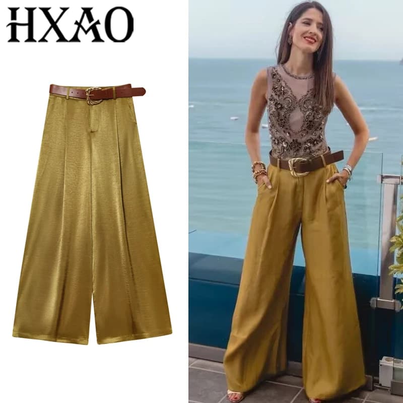 HXAO Pantaloni da donna Pantaloni estivi a gamba larga Pantaloni da donna in raso larghi a pieghe Cintura da donna Abbigliamento da ufficio Pantaloni larghi fluidi da donna