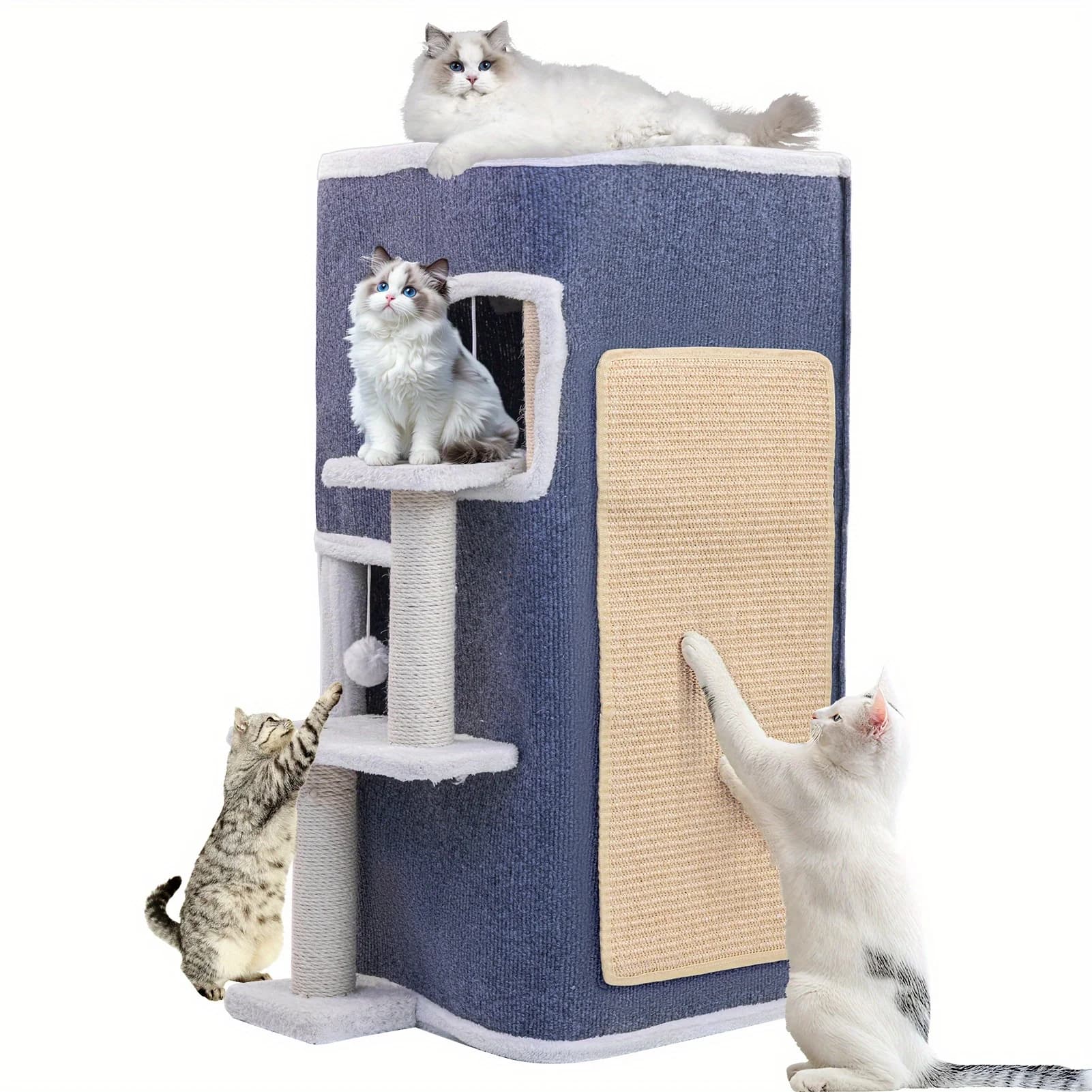 Cuccia per gatti moderna a tre piani, resistente e antigraffio, con posti per grattare, semi-chiusa per interni.