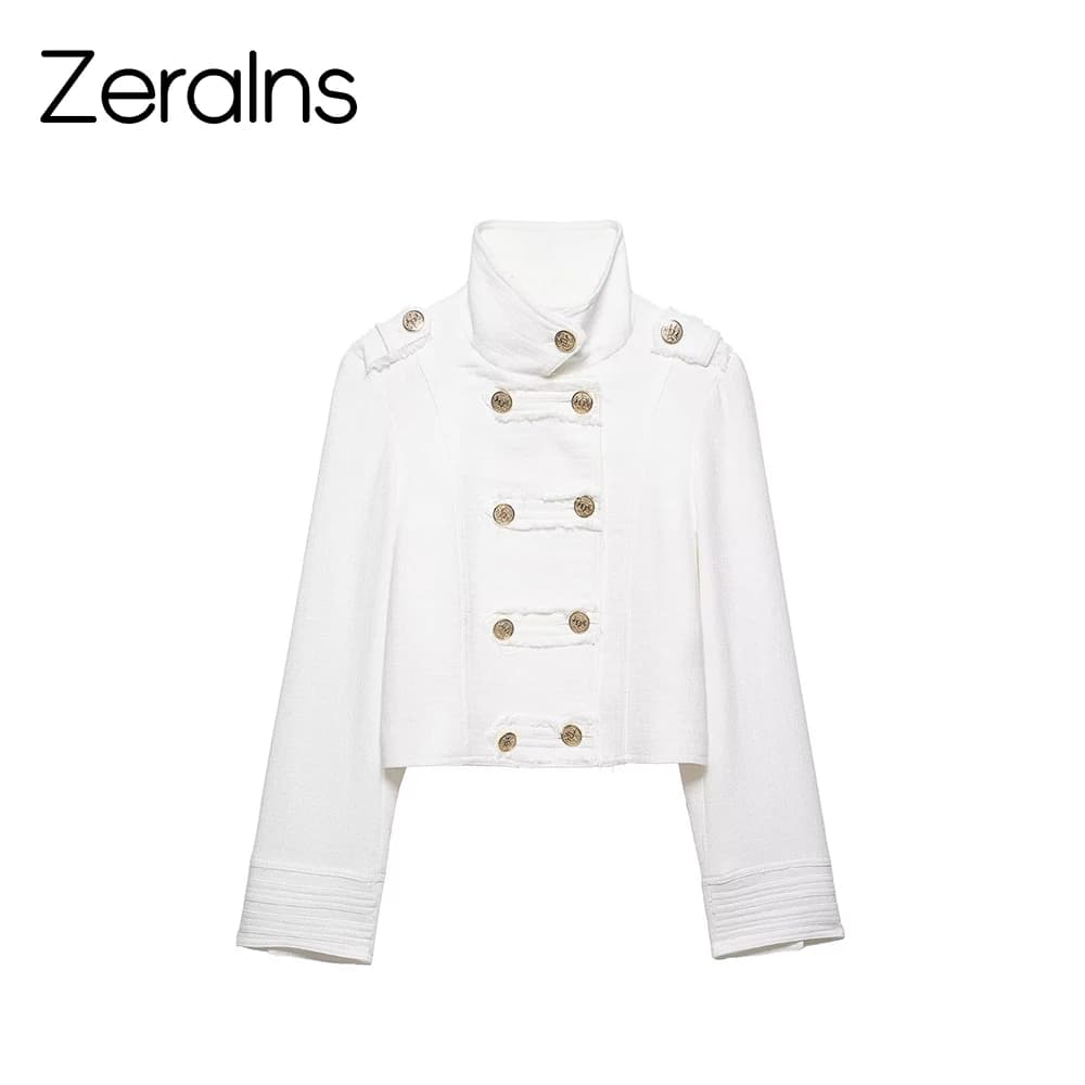 ZERAINS Nuovo Cappotto Estivo da Donna in Stile Francese a Maniche Lunghe con Collo Alto e Bottoni Dorati Doppiopetto