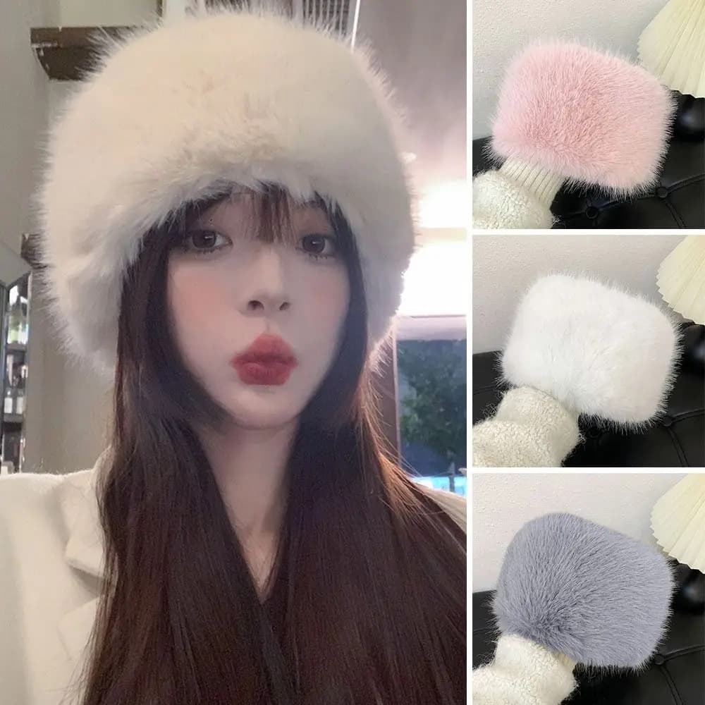 Cappello da pescatore in peluche in pelliccia sintetica da esterno Cappello panama caldo peloso Cappello da sole morbido invernale da donna