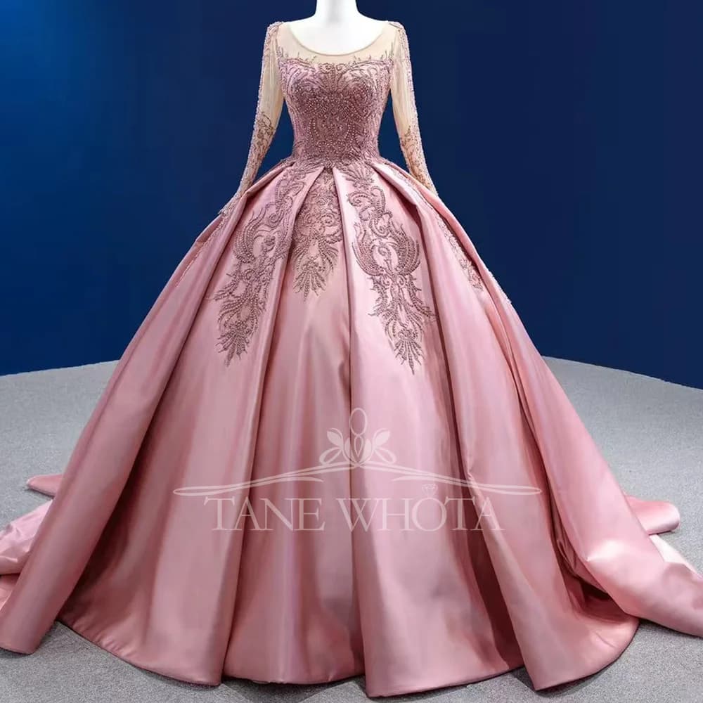 Abito da sera di lusso personalizzabile con scollo a V rosa a maniche lunghe con perline di cristallo e pizzo sul retro con ricamo
