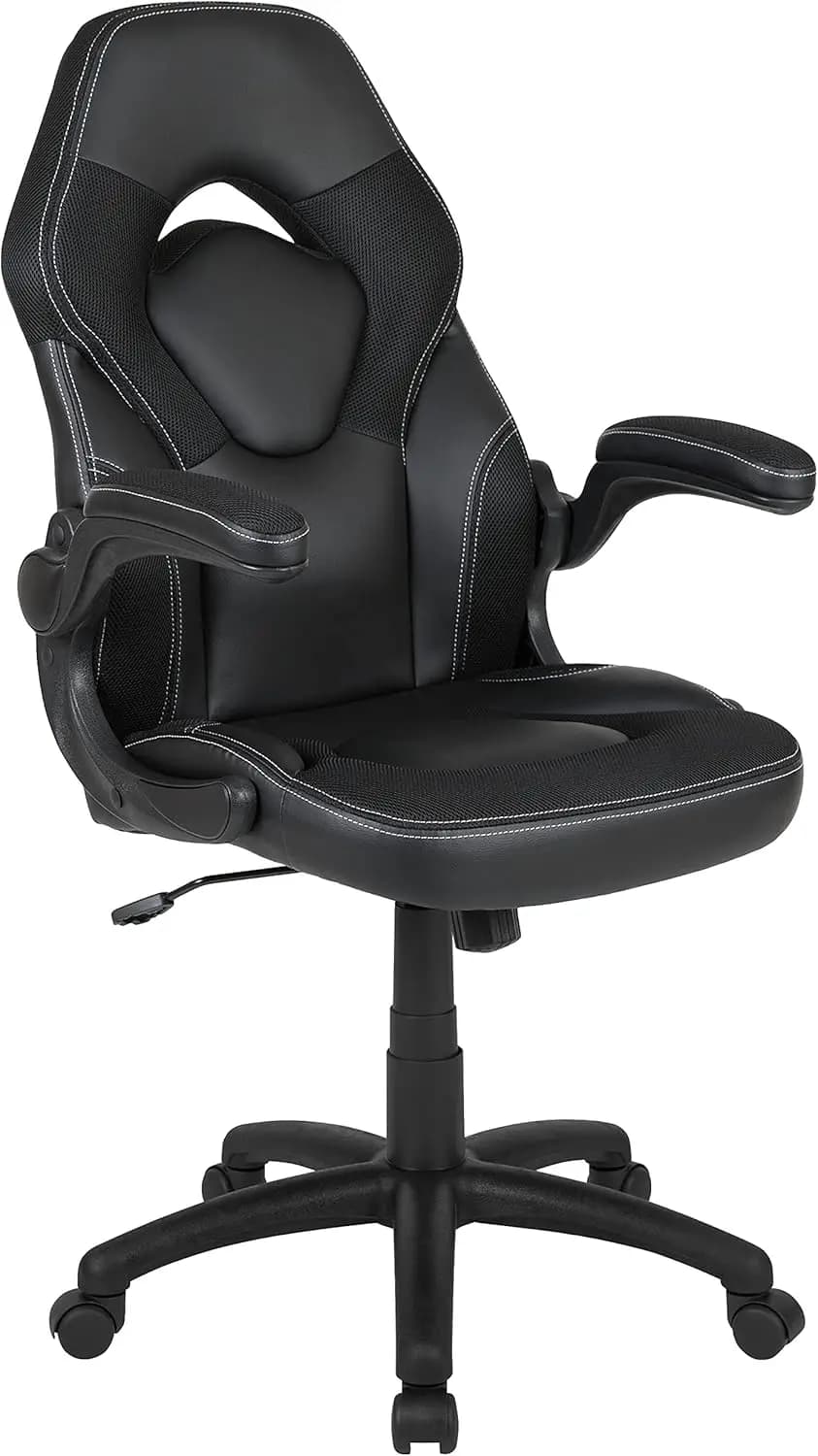 Sedia da gaming in stile racing con schienale alto e braccioli ribaltabili, sedia da computer girevole ergonomica imbottita, nera