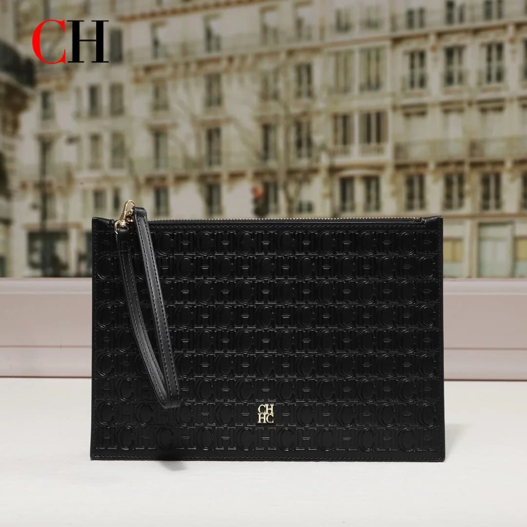 CH Clutch Bag Women Embossed Monogram PU Leather Wristlet Handbag Zipper Envelope Purse Large Capacity Evening Daily Wallet
