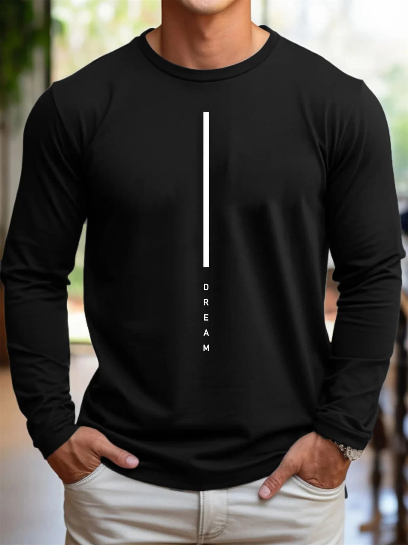 100% pure cotton men's versatile t-shirt with long sleeves loose round neck casual DREAM letter printed spring and autumn