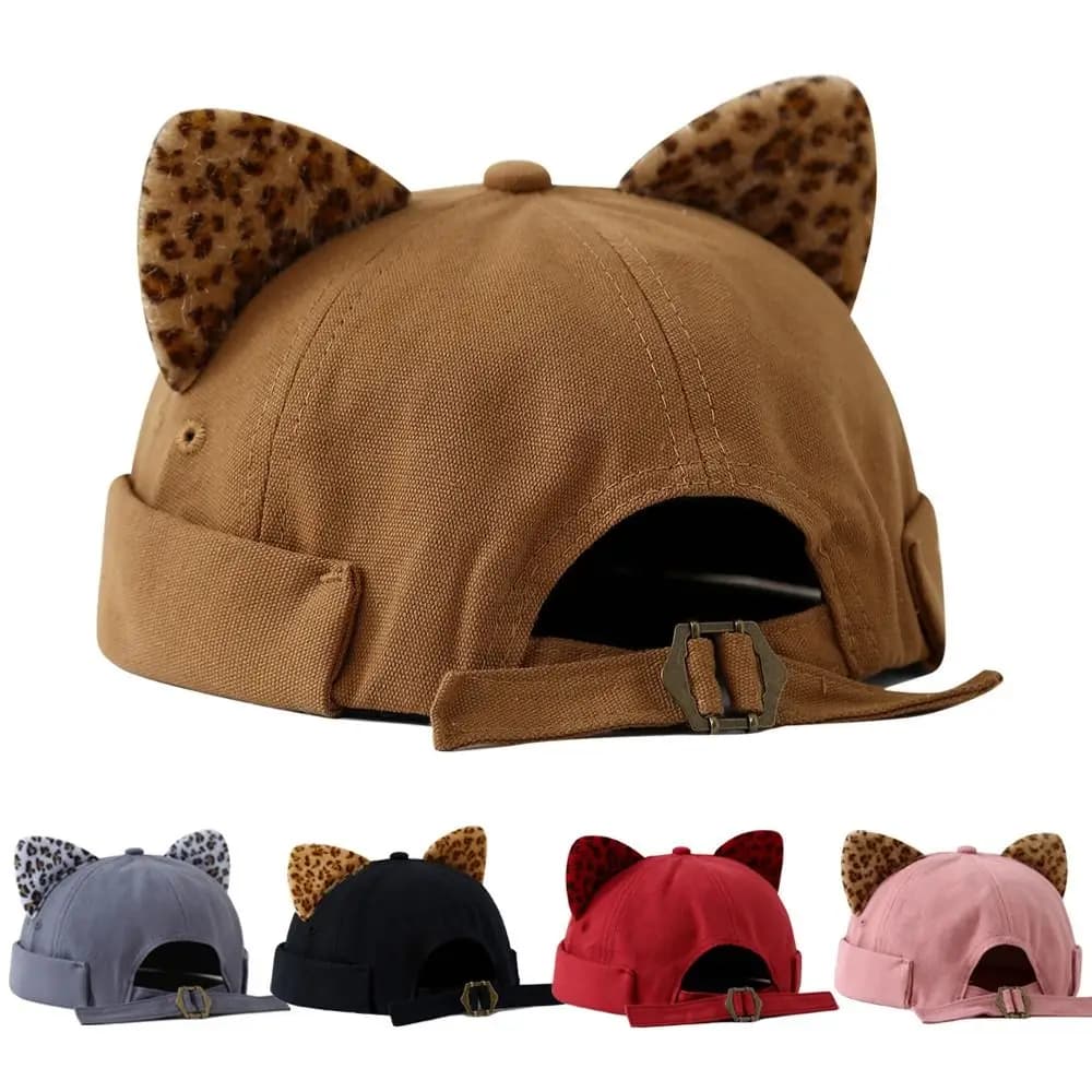 Cappello Hip Hop con Stampa Leopardata e Orecchie da Gatto, Senza Visiera, con Risvolto, Tinta Unita, Stile Docker, Regolabile, per Esterni