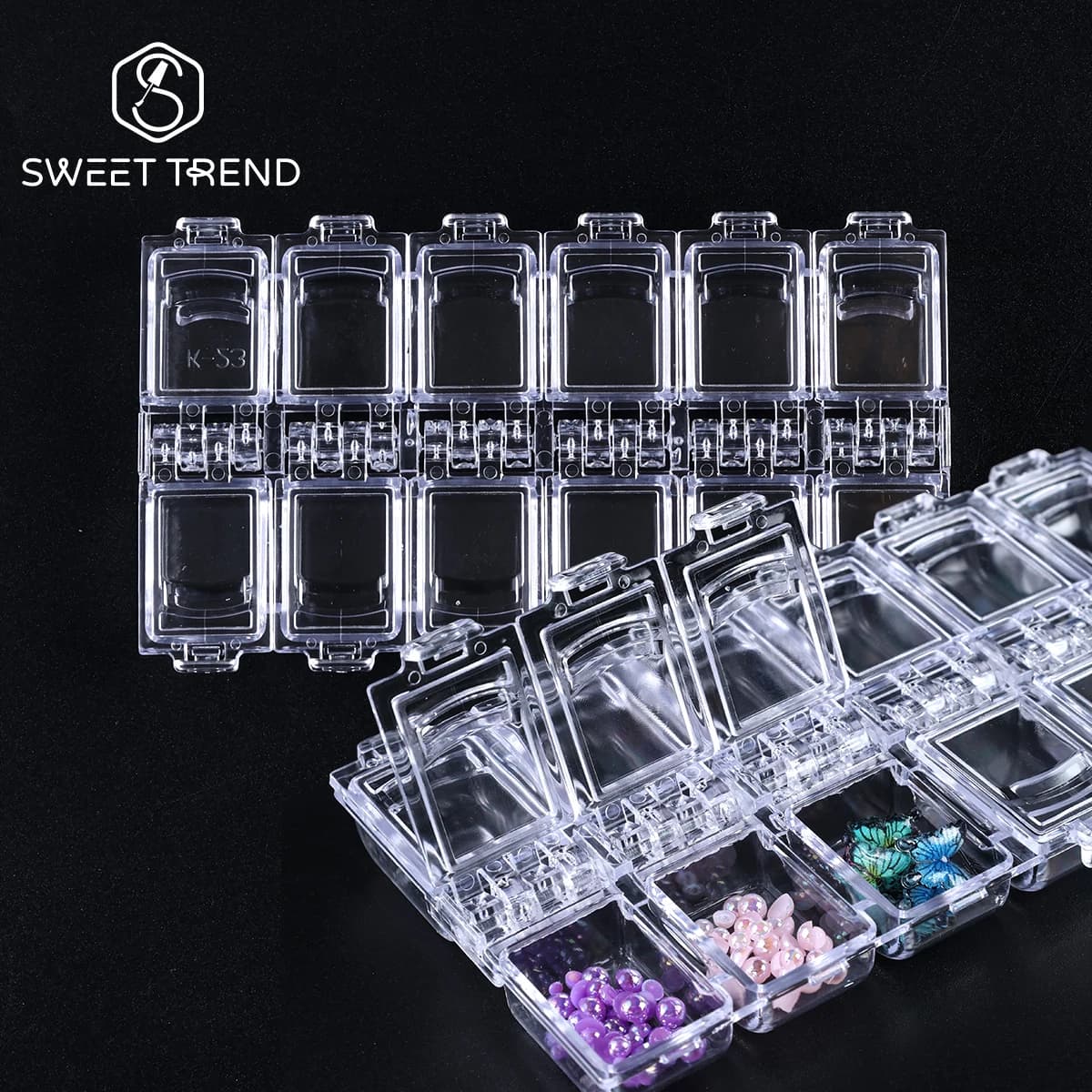 Empty box with 12 compartments for nail accessories, transparent case for jewelry and rhinestones, portable container for tools and manicure supplies