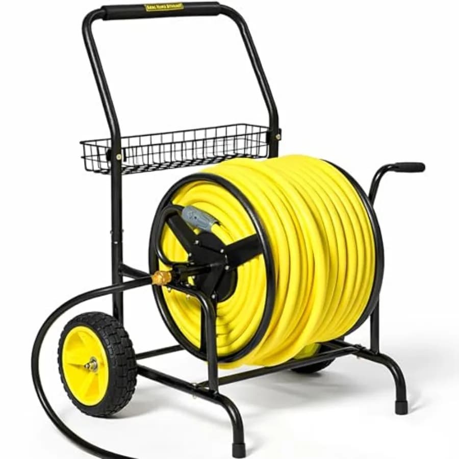 Carrello Avvolgitubo da Giardino Rinforzato con 2 Ruote, Supporto Autoportante per Tubo da Esterno per 90 Metri di Tubo da 5/8'' in Acciaio Antiruggine
