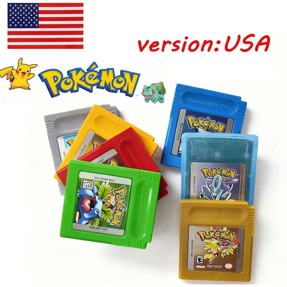 Cartuccia per Console di Gioco Pokemon a 16 Bit, Scheda di Gioco GBC Serie Pokemon Blu, Cristallo, Oro, Verde, Rosso, Argento, Giallo, Versione USA