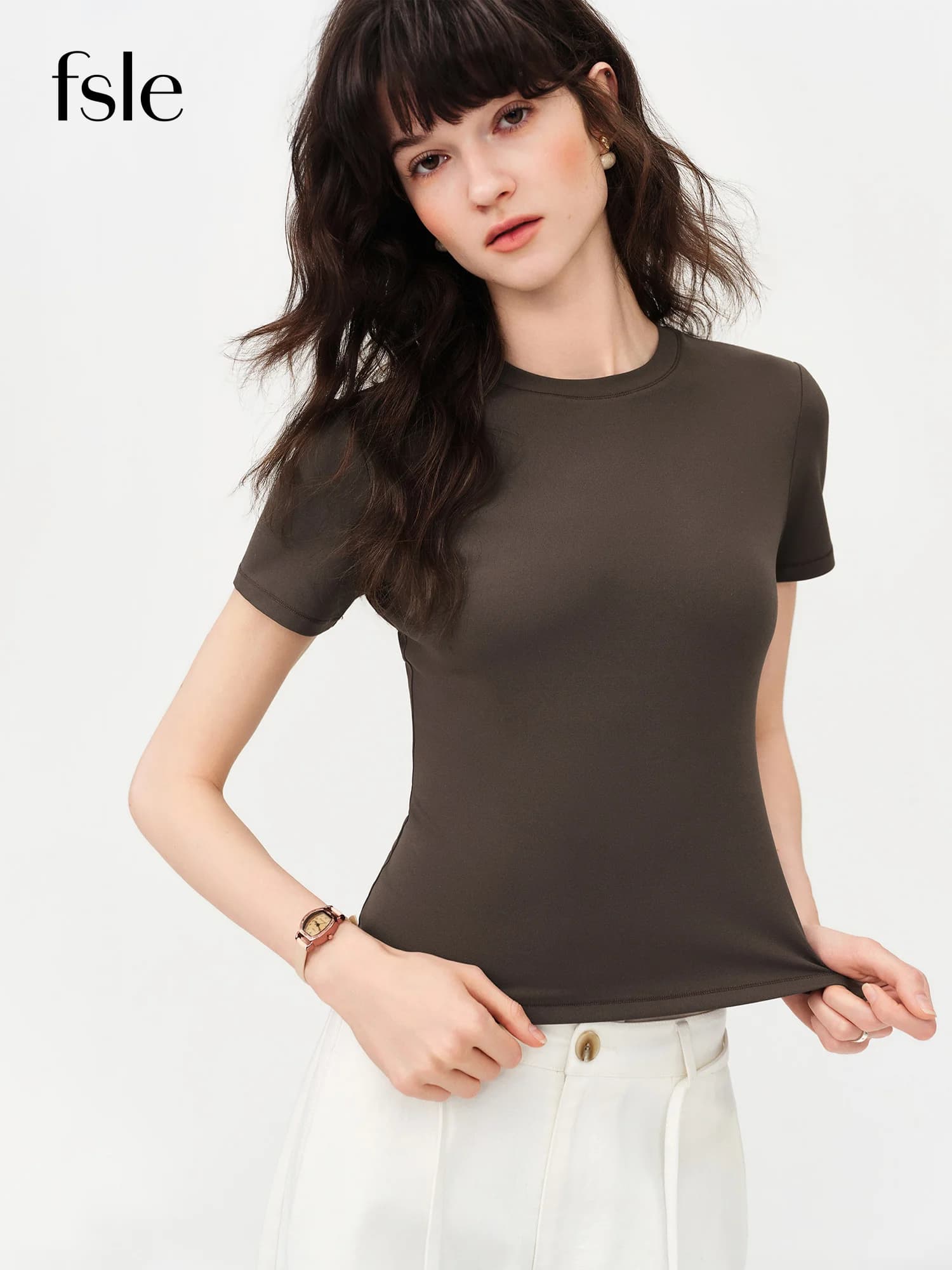 FSLE 2026 Summer Women's Nylon Spandex Tapered T-Shirt - Flattering Casual Top for Daily Wear