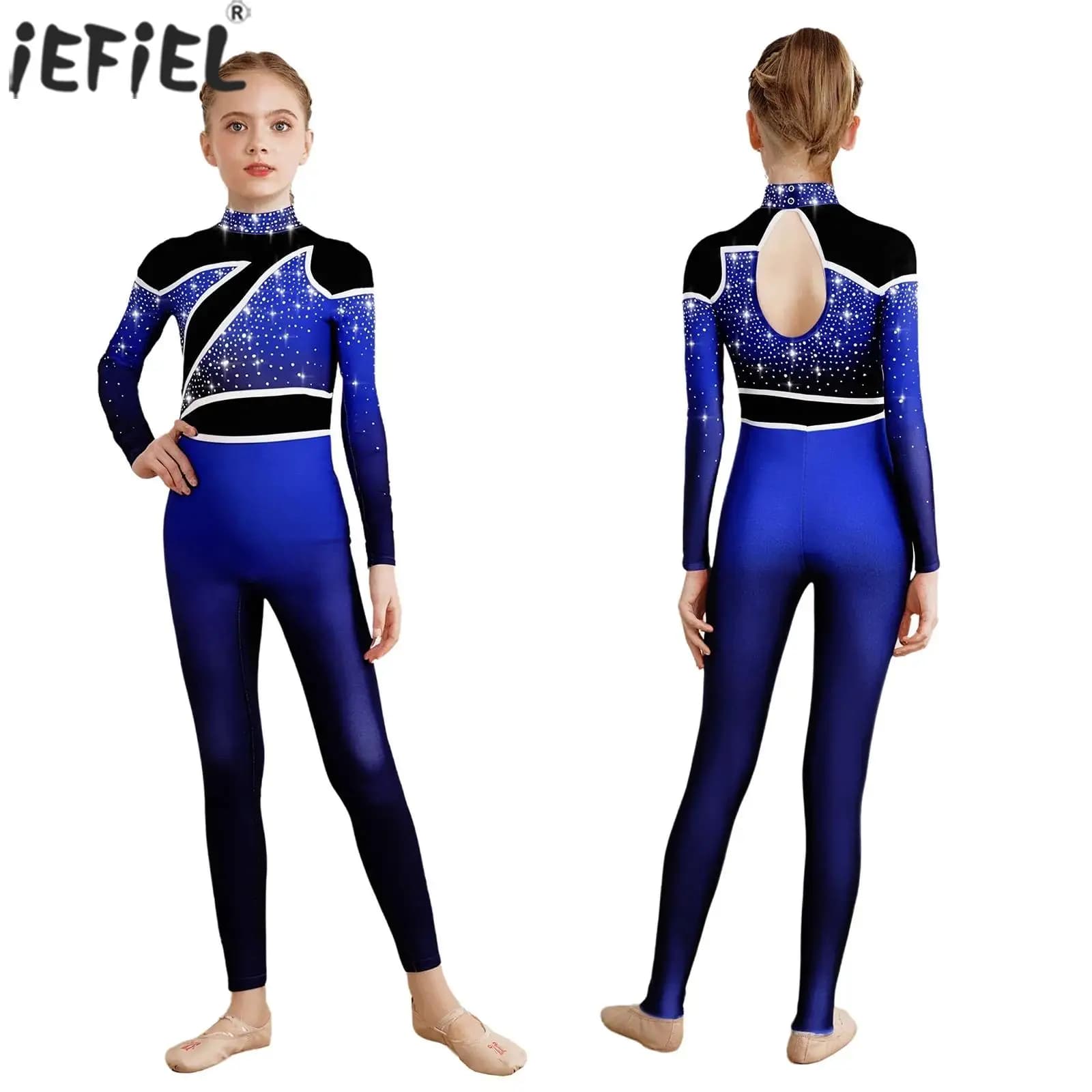Bambini Ragazze Balletto Danza Body Ginnastica Pattinaggio di Figura Acrobazie Costume Manica Lunga Strass Lucidi Tuta Dancewear