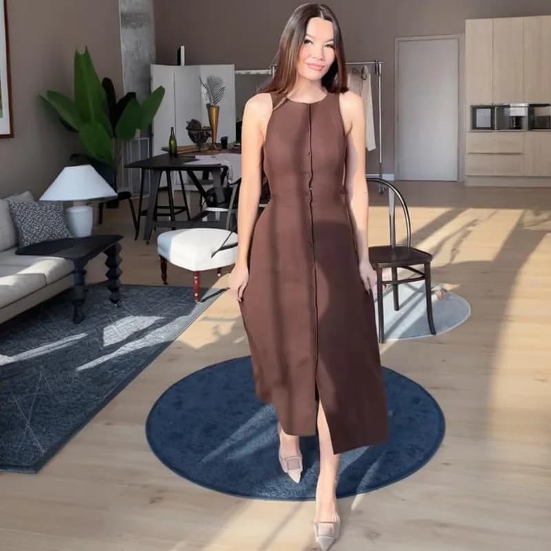 Summer 2025 Women's Sleeveless Button Cardigan Waist-Cinching Fashionable Dress Gentle Style High Waist Knitted A-line Skirt
