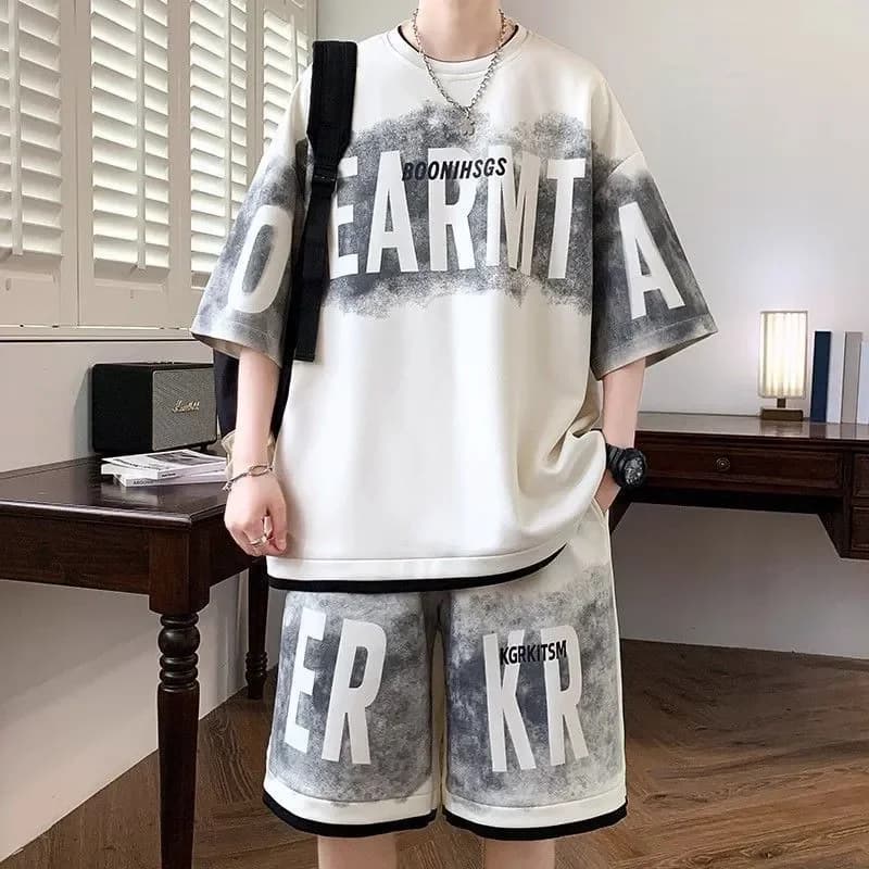 Men Tie Dye Letter Print Two Piece Set Summer Cool Feeling Short Sleeve T Shirt Shorts Teen Streetwear Outfit S-6XL