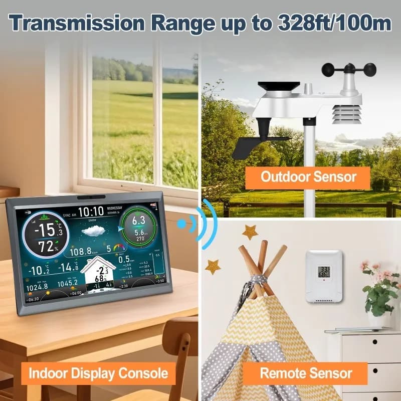 Cornice Fotografica Digitale Multifunzione con Allarme, Stazione Meteo WiFi HD TFT da 10.1'', Trasmissione Remota 100m, App per Smartphone + Telecomando