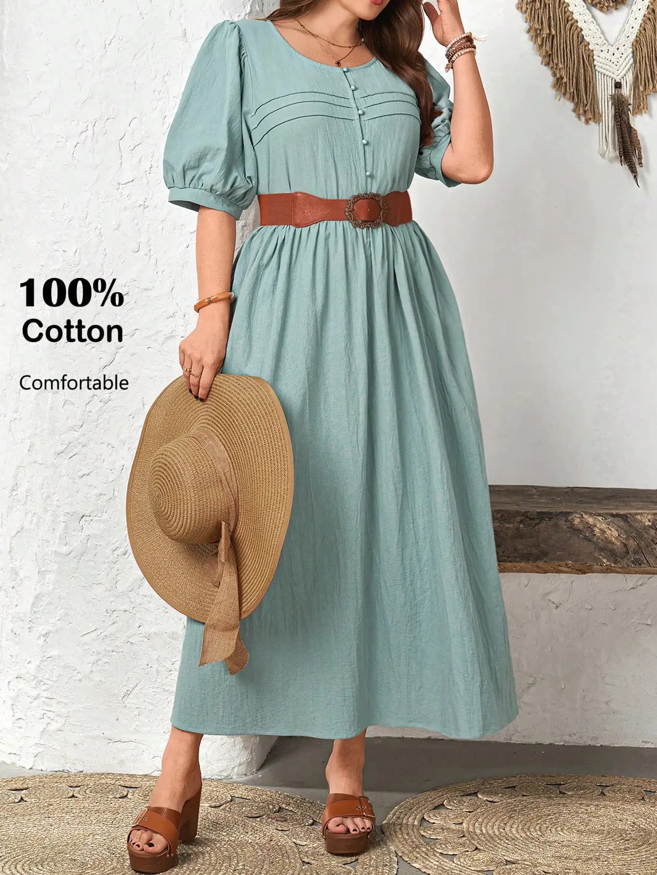 Women Summer Casual Boho Midi Dress Solid Color Round Neck Puff Sleeve Cotton