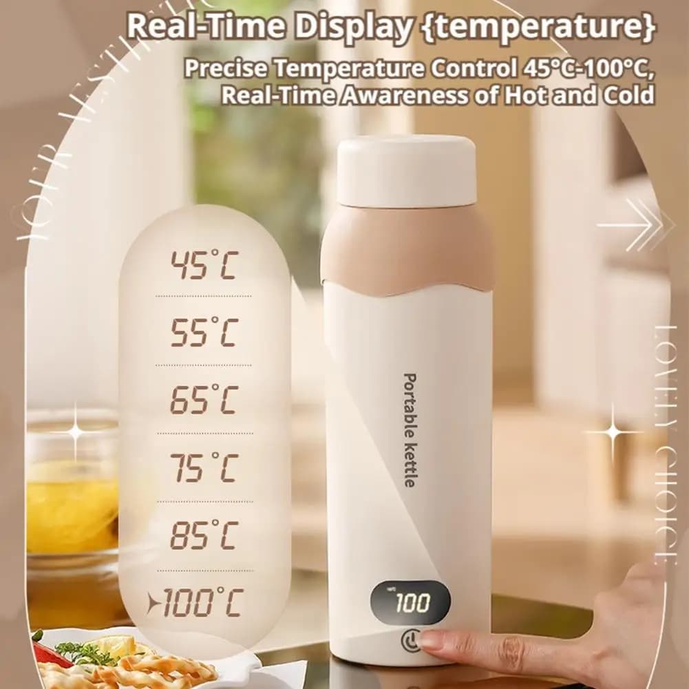 Portable Travel Electric Kettle - Rechargeable USB Heater - Small Electric Thermos/Heating Cup/Bottle - Indoor 304 Stainless Steel Kettle