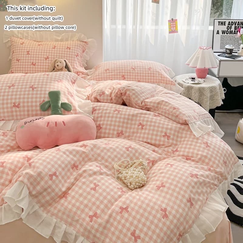 Set copripiumino da 3 pezzi Set copripiumino con stampa bowknot Set comodo set biancheria da letto con volant Copriletto per tutte le stagioni