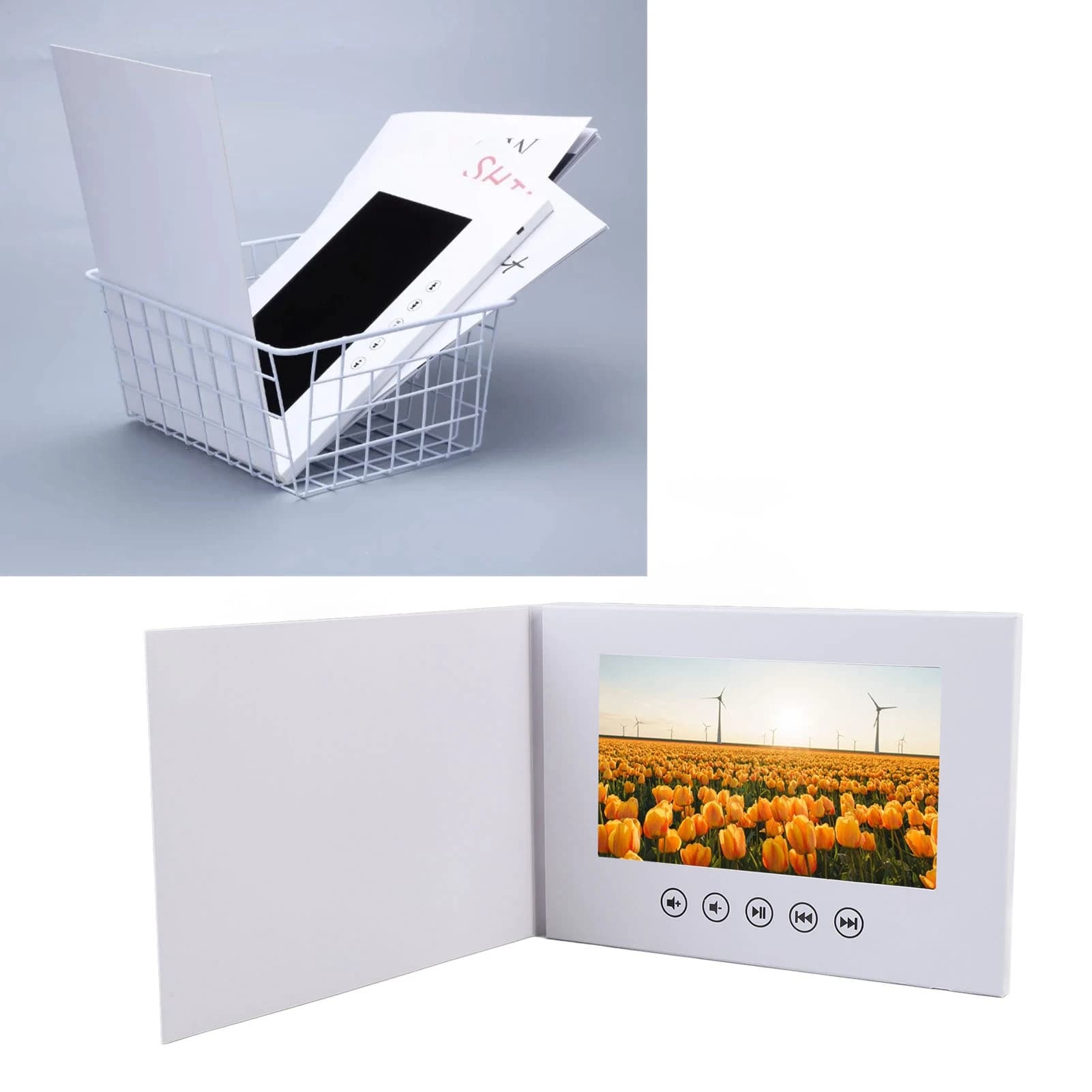 Brochure video Biglietto d'auguri video Schermo LCD a colori da 10 pollici Memoria 128M Brochure video 1280x720 per anniversario di compleanno di matrimonio