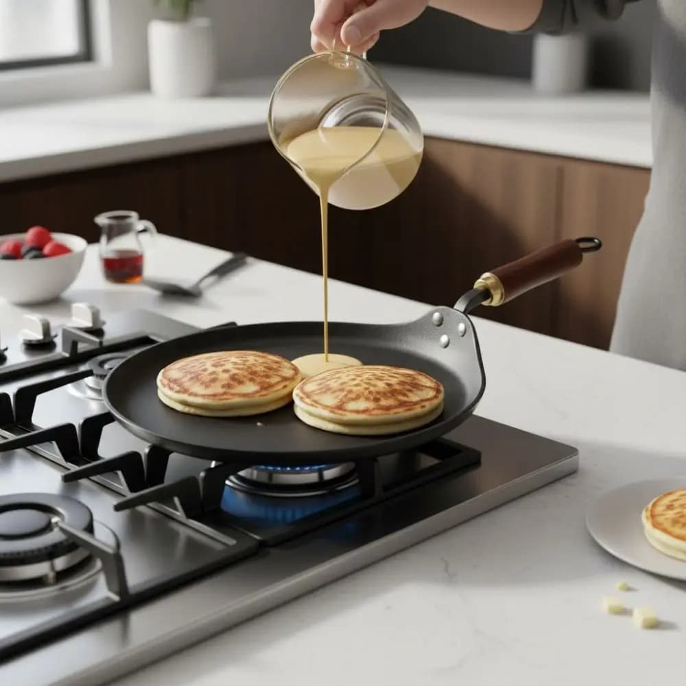 Padella Multiuso in Ghisa Non Rivestita con Manico in Legno Spesso, Padella per Pancake, Piastra Universale per Fornelli a Induzione