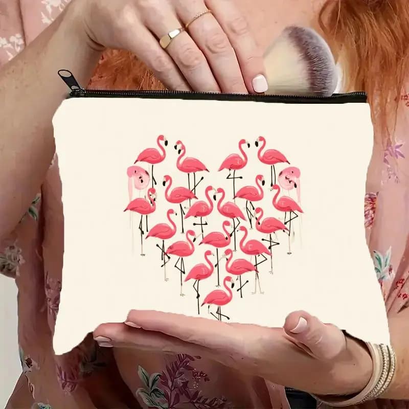 Borsa per il trucco con motivo fenicottero a forma di cuore, 1 pezzo - Pochette multifunzionale con cerniera per donna, borsa porta gioielli, borsa da viaggio perfetta con cerniera, divertente regalo di compleanno