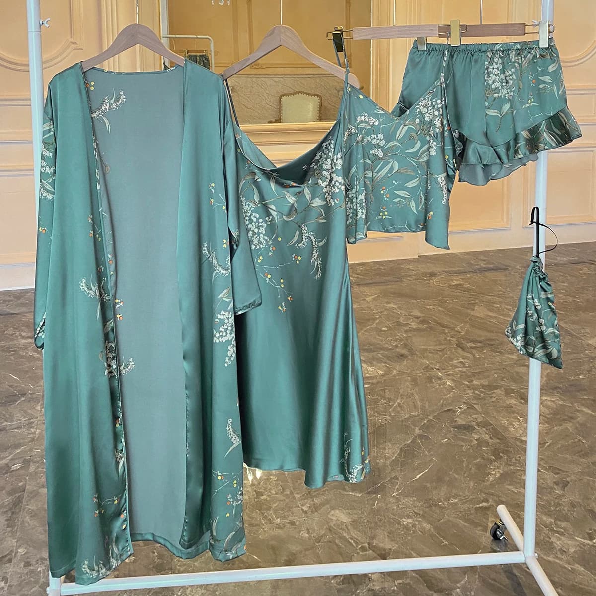 5pcs Floral Print Pajamas Set Long Sleeve Robe + Cami Dress + Cami Top + Ruffle Hem Shorts Women's Loungewear Sleepwear
