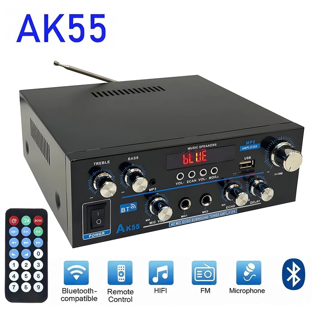 Amplificatore Digitale HiFi AK55 Canale 2.0 Bluetooth Surround Sound AMP Potenza Massima 90Wx2 per Altoparlanti Casa Auto BT 5.0 Audio AMP