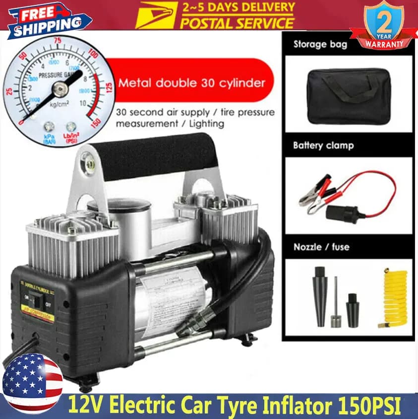 Compressore d'aria portatile a doppio cilindro per pneumatici auto, 12V, 150PSI, con manometro integrato