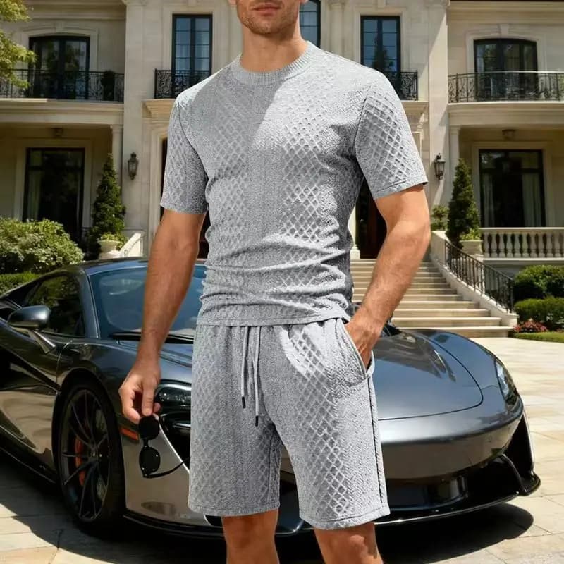 Men's Summer Heavy-Duty Jacquard Short-Sleeved Shirt And Shorts Set, Lapel T-Shirt, Drawstring Shorts, Exquisite Two-Piece Set