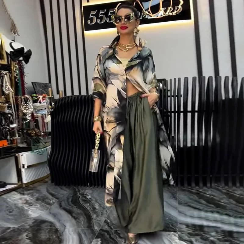 Women's Trousers Set Printed Shirts Two Pieces Cardigan Long Single-breasted Sleeve Full-length Elegant Pants Office Lady