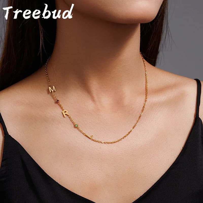 Set Collana e Bracciale Personalizzato Treebud con Lettere Incise, in Acciaio Inossidabile con Zirconi Colorati, Regalo per Donne