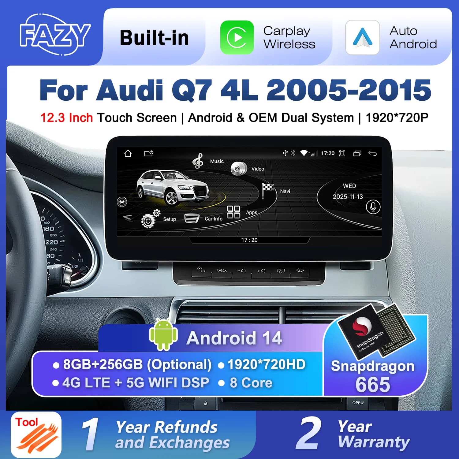Schermo per Auto da 12.3'' con Qualcomm Android 14 e Carplay Wireless per Audi Q7 4L 2005-2015, Navigazione GPS, Lettore Multimediale Stereo, 4G WIFI