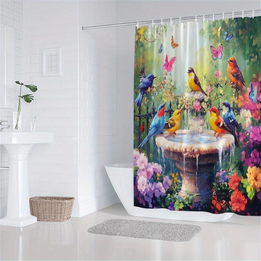 Tenda da doccia da giardino 180x180 cm – Fontana rustica con uccelli e farfalle, decorazione floreale per il bagno, 12 ganci