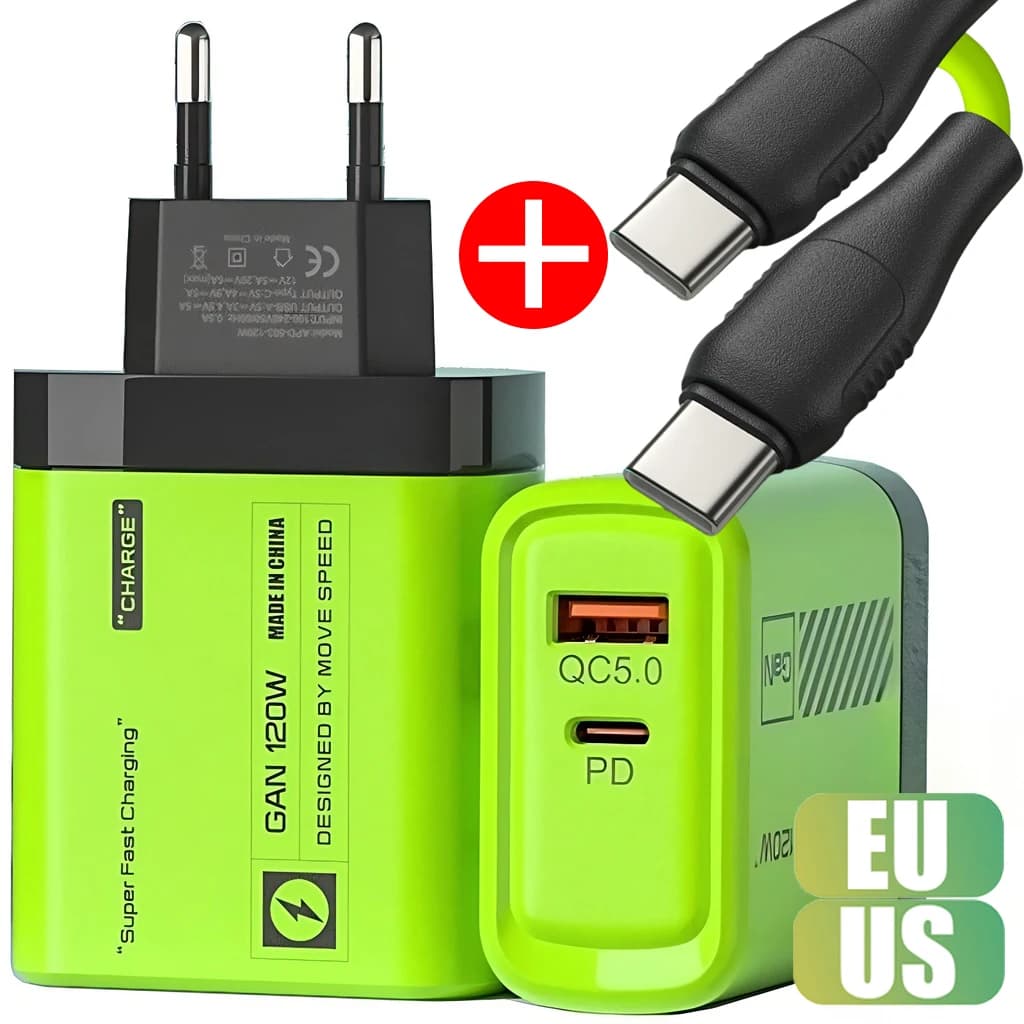 Kit caricabatterie rapido USB C da 120 W Adattatore di ricarica da parete a doppia porta con cavo per IPhone IPad Samsung Xiaomi Alimentatore con spina UE USA