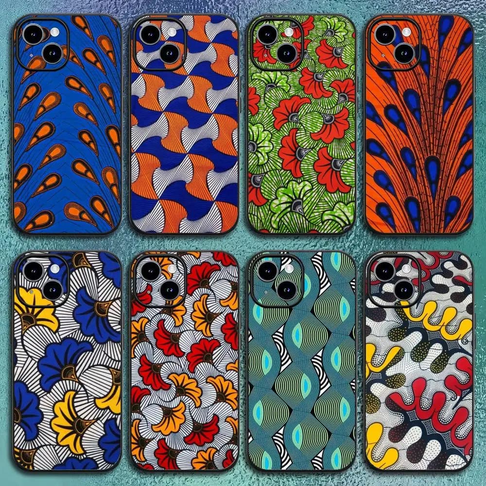Custodia per iPhone 12-17 Air Plus Pro Max in tessuto africano stampato a cera, satinata lucida e colorata – Ottima idea regalo