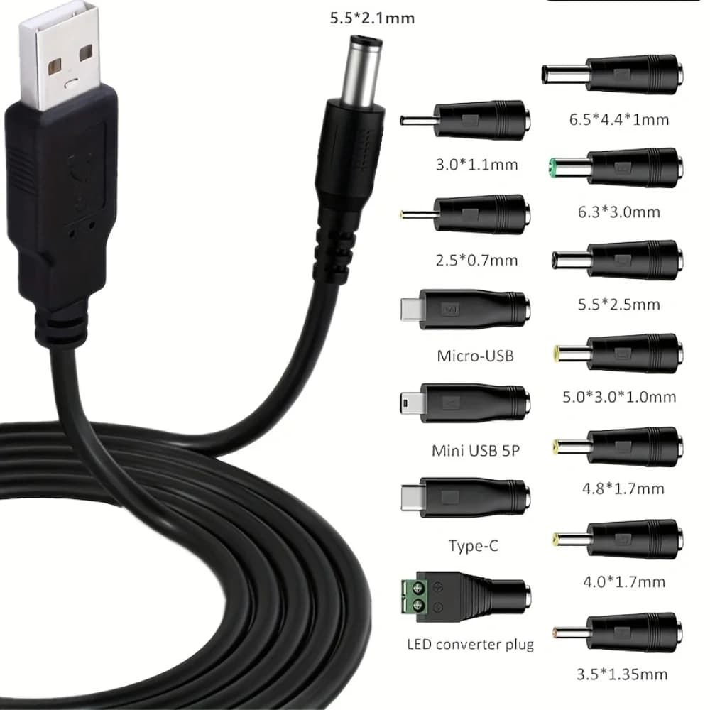 Universal Power Cable from USB to DC Jack from 5.5x2,1 mm with 13 interchangeable adapters Micro USB type C