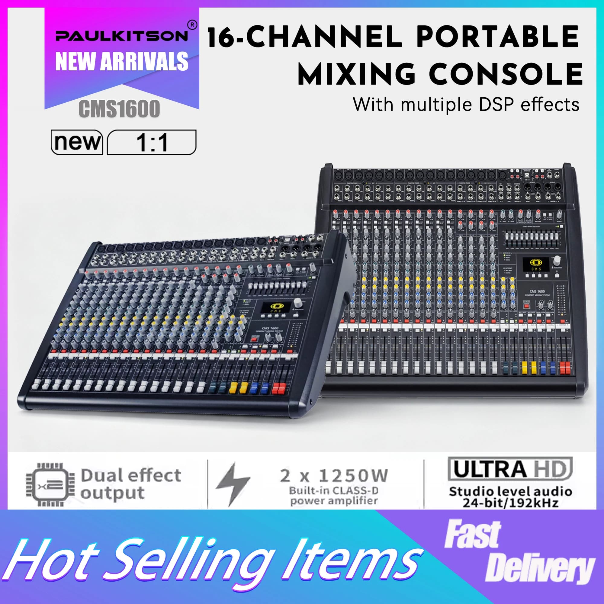 Paulkitson CMS1600-3 16-Channel Portable Mixing Console 2x1250W 24bit/192kHz DSP Audio Mixer For Stage Live Sound KTV Karaoke