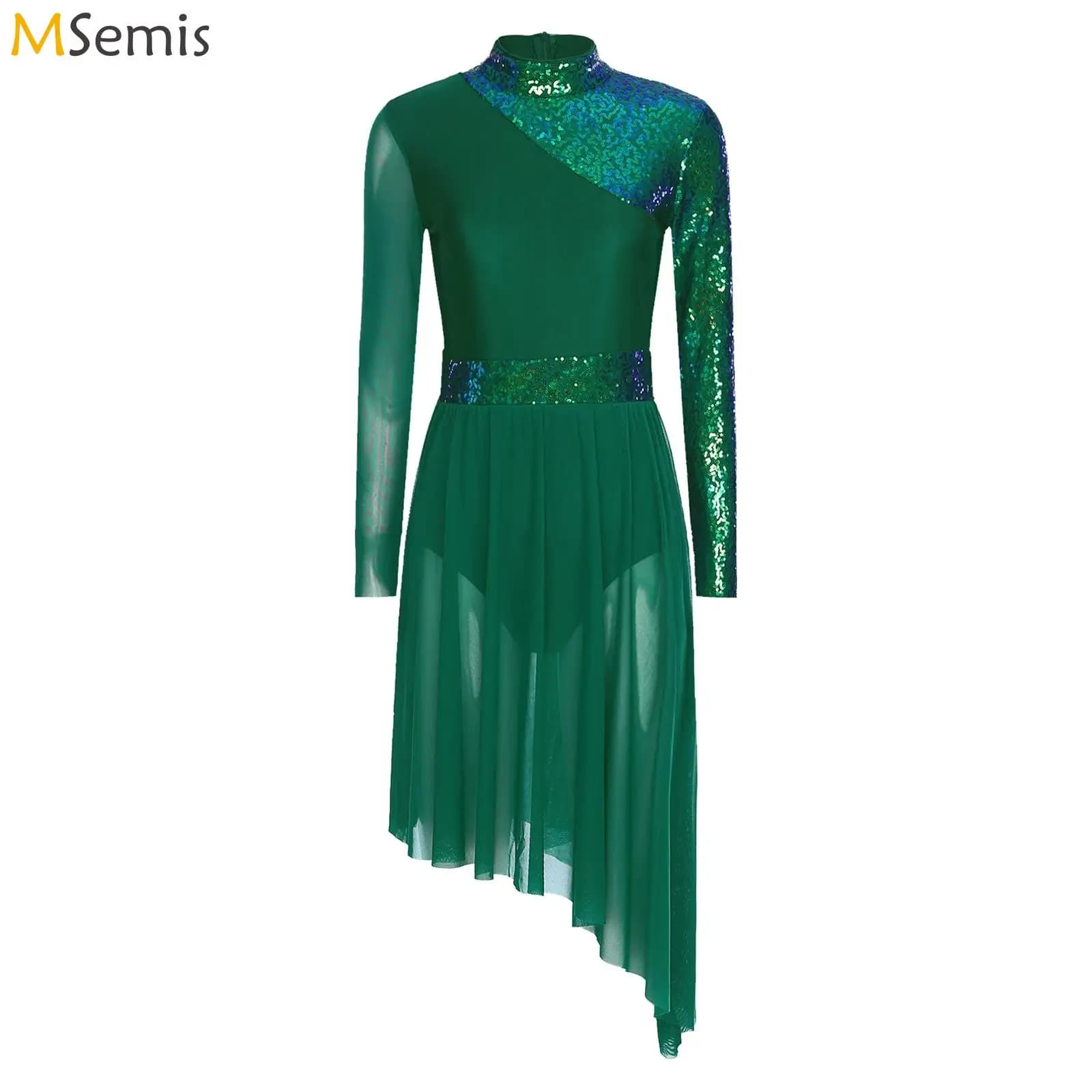 Abito da pattinaggio di figura con paillettes scintillanti da donna, body da ginnastica, balletto, manica lunga, giuntura in rete, costumi di danza da competizione