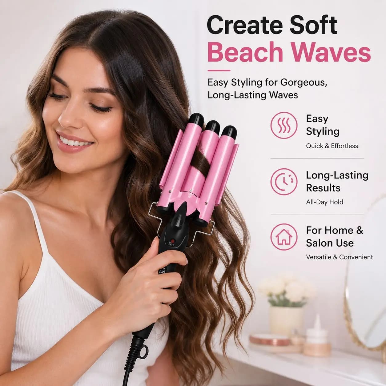 Portable Professional Ceramic Triple Barrel Hair Waver 3‑Barrel Hair Curling Iron Big Wavy Hair Curler for Salon Home Travel Use