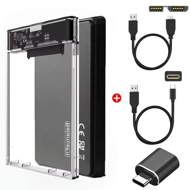 Custodia per HDD trasparente/nera Custodia per HDD SSD da 2,5 pollici SATA a USB 3.0 Tipo-C Adattatore Scatola per disco rigido esterno portatile Senza attrezzi